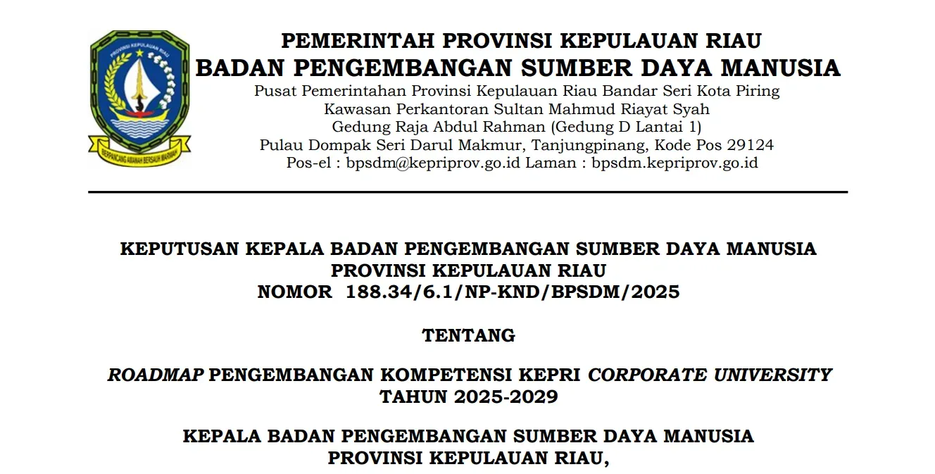 Sampul KEPUTUSAN KEPALA BADAN PENGEMBANGAN SUMBER DAYA MANUSIA PROVINSI KEPULAUAN RIAU NOMOR 188.34/6.1/NP-KND/BPSDM/2025